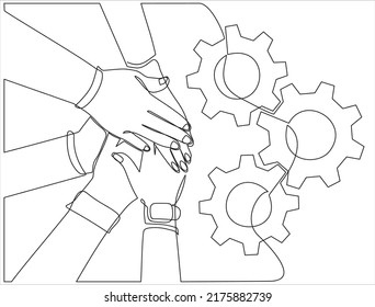 continuous line drawing of team holding hands together and gears, showing unity and teamwork, top view 