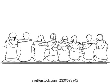 continuous line drawing of team holding hands hugging each other