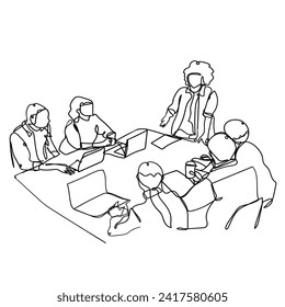 Continuous Line Drawing Teamwork Business. Discussion Teamwork. Illustration Icon Vector