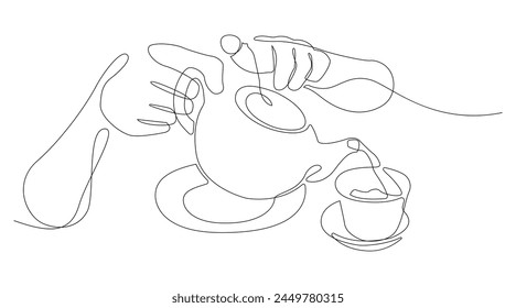 Continuous line drawing of Teapot in hand, pouring tea into beautiful cups one line drawing. Hand drawn line art vector illustration isolated on white background.