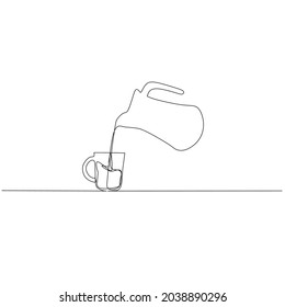 Continuous line drawing of teapot with mug, object one line, single line art, vector illustration