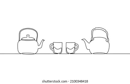 Continuous line drawing of teapot and mug, icon set, object one line, single line art, vector illustration