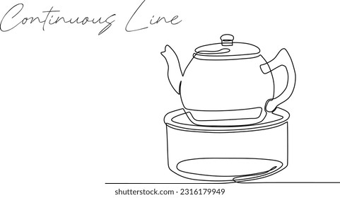 Continuous line drawing of teapot and stove