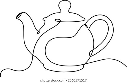 Continuous line drawing of teapot. Vintage kettle with handle isolated image on white background hand drawn line art minimalist design. Coffee break, tea time concept. Vector illustration.