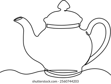 Continuous line drawing of teapot. Vintage kettle with handle isolated image on white background hand drawn line art minimalist design. Coffee break, tea time concept. Vector illustration.