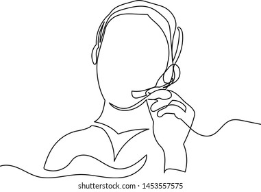 
A continuous line drawing of a technical support staff member with headphones and a microphone responds to customer request. Logo