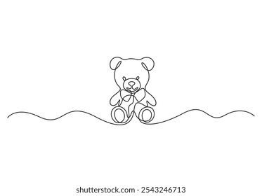 Dibujo de línea continua del oso de peluche. Juguete suave símbolo de las amistades de los niños en estilo lineal simple. Concepto para regalo de cumpleaños y tarjeta de felicitación en Ilustración vectorial editable