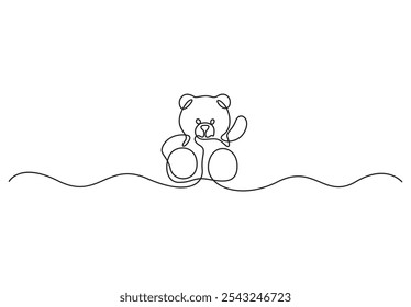 Dibujo de línea continua del oso de peluche. Juguete suave símbolo de las amistades de los niños en estilo lineal simple. Concepto para regalo de cumpleaños y tarjeta de felicitación en Ilustración vectorial editable