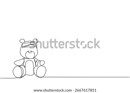 Continuous line drawing of a teddy bear with head bandage, symbolizing broken childhood and innocence, used as a psychology concept for International Day of Innocent Children Victims of Aggression.