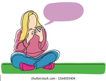 continuous line drawing of teenage girl sitting with mobile phone with speech bubble