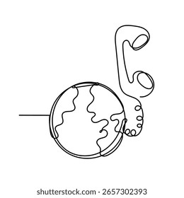 continuous line drawing telephone and earth globe illustration icon