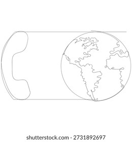 Icono de ilustración de globo terráqueo y teléfono de dibujo de línea continua