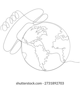Icono de ilustración de globo terráqueo y teléfono de dibujo de línea continua