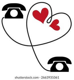 Desenho de linha contínuo. Relações telefônicas. Dois aparelhos de telefone estão conectados ao coração. Preto isolado no fundo branco. Vetor desenhado à mão