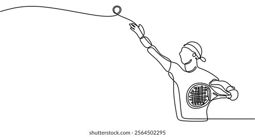 Continuous line drawing of a tennis player serving the ball, illustrating skill, precision, and fitness. Minimalist design for sport and healthy life concepts. Vector illustration hand drawn.