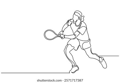 Continuous line drawing of a Tennis player man hitting the ball. Young male person or athlete in action, racket gear and serve in workout health vector illustration.Tennis player isolated on a white