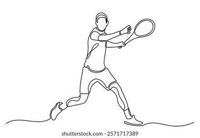 Continuous line drawing of a Tennis player man hitting the ball. Young male person or athlete in action, racket gear and serve in workout health vector illustration.Tennis player isolated on a white