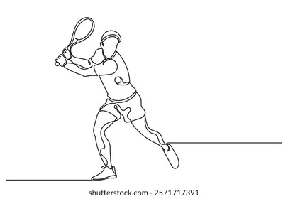 Continuous line drawing of a Tennis player man hitting the ball. Young male person or athlete in action, racket gear and serve in workout health vector illustration.Tennis player isolated on a white