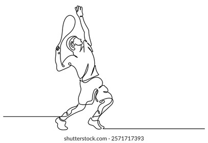 Continuous line drawing of a Tennis player man hitting the ball. Young male person or athlete in action, racket gear and serve in workout health vector illustration.Tennis player isolated on a white