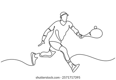 Continuous line drawing of a Tennis player man hitting the ball. Young male person or athlete in action, racket gear and serve in workout health vector illustration.Tennis player isolated on a white