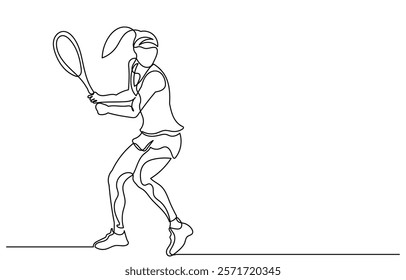 Continuous line drawing of a Tennis player woman hitting the ball. Young female person or athlete in action, racket gear and serve in workout health vector illustration.Tennis player excise vector