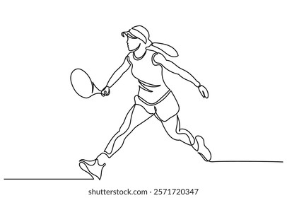 Continuous line drawing of a Tennis player woman hitting the ball. Young female person or athlete in action, racket gear and serve in workout health vector illustration.Tennis player excise vector