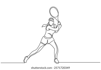 Continuous line drawing of a Tennis player woman hitting the ball. Young female person or athlete in action, racket gear and serve in workout health vector illustration.Tennis player excise vector