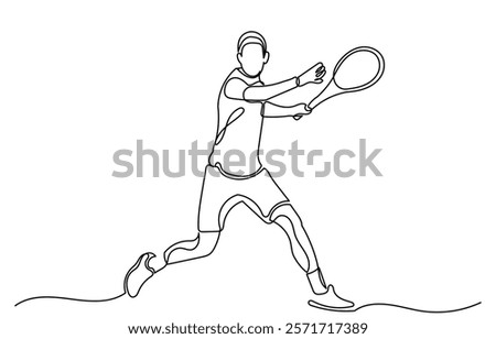 Continuous line drawing of a Tennis player man hitting the ball. Young male person or athlete in action, racket gear and serve in workout health vector illustration.Tennis player isolated on a white