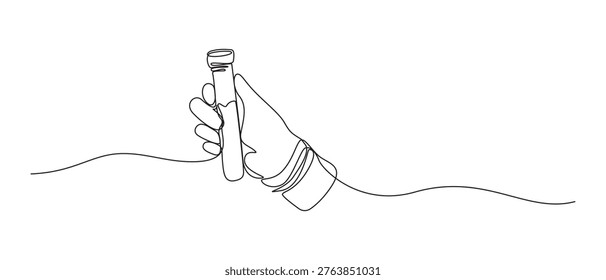 Continuous line drawing of test blood sample from glass tube to find covid-19 vaccine.single Continuous line art drawing of a blood sample test tube vector design,