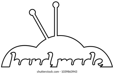 Continuous line drawing text "hand made", knitting yarn and needles