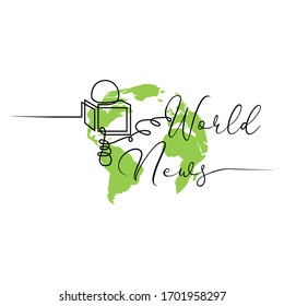 Continuous line drawing text - world news and microphone isolated on white background. Concept for greeting card, banner, poster, flyer. Abstract green Earth globe planet. vector illustration