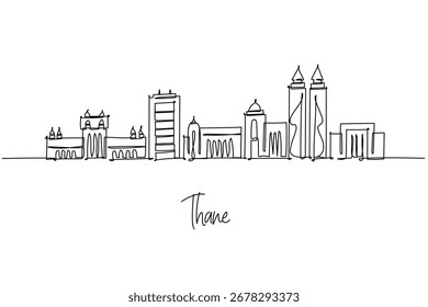 kontinuierliche Linie Zeichnung der Stadt Thane Skyline Maharashtra See Stadtarchitektur und städtisches Wachstum, ein minimalistisches Kunstkonzept thematisch zu Mumbai Region mit Türmen Tempel Büros und Brücken.
