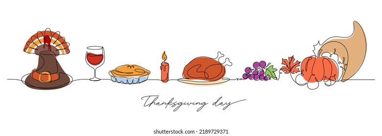 continuous line drawing of thanksgiving celebration table vector illustration and background