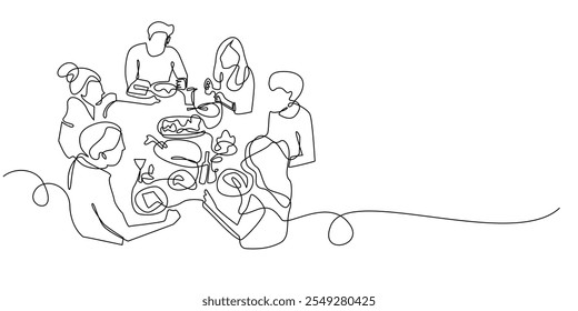 Dibujo de línea continuo de la cena de Acción de Gracias. Un dibujo de línea de personas en la celebración de Acción de Gracias con el menú típico de Pavo asado. Ilustración vectorial de una sola línea. Fondo blanco aislado