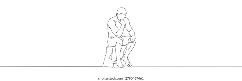 Continuous line drawing of The Thinker statue pose in center of white minimalist panoramic background
