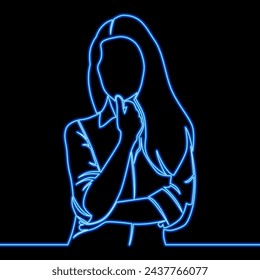 Continuous line drawing Thinking businesswoman icon neon glow vector illustration concept