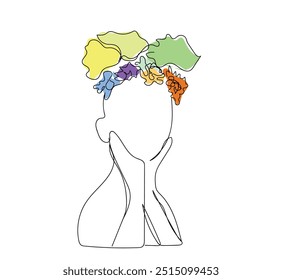 Continuous line drawing thinking, mindfullness, psychology therapy. Woman her head from wich grows flowers. Mental health awareness day. Protect your mind and nourish productivity. 