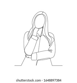 Continuous line drawing of thinking woman. One line art of business woman thinking idea. Vector illustration