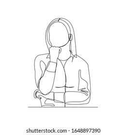 Continuous line drawing of thinking woman. One line art of business woman thinking idea. Vector illustration