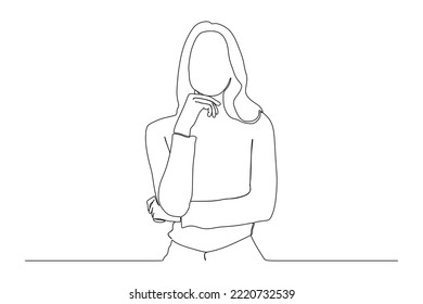 continuous line drawing of thinking woman standing isolated