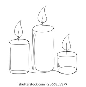 Continuous line drawing of three burning candles in a candelabra, symbolizing wisdom, beauty, and divine light. A minimalist vector illustration representing