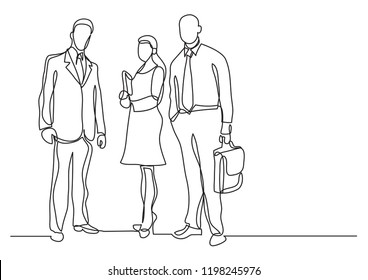 continuous line drawing of three business professionals standing confident