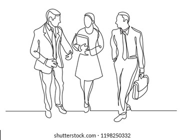 continuous line drawing of three business professionals walking talking