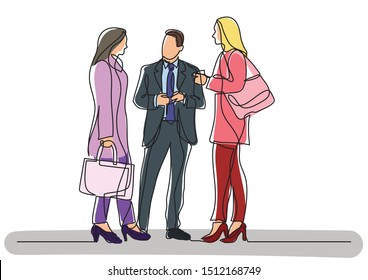 continuous line drawing of three business professionals standing discussion
