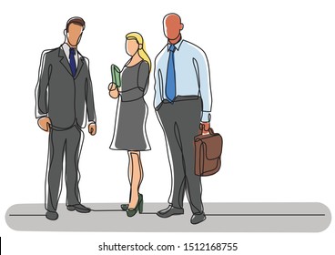 continuous line drawing of three business professionals standing confident