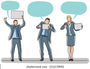 continuous line drawing of three business professionals walking talking with speech bubbles