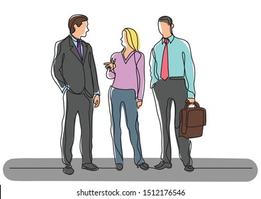 continuous line drawing of three business professionals standing talking