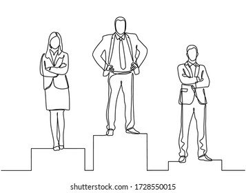 Continuous line drawing of three business people on the podium and achieving success in business competition. Competition success, first place, celebration ceremony