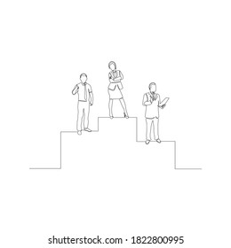 Continuous line drawing of three business people on the podium and achieving success in business competition. 