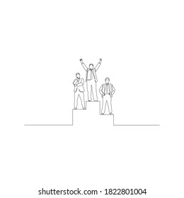 Dibujo continuo de tres empresarios en el podio y logro de éxito en la competencia empresarial. 